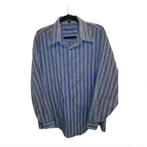 Men 2XL Geoffrey Beene Blue Striped Fitted Dress Shirt Long Sleeve Wrinkle-Free